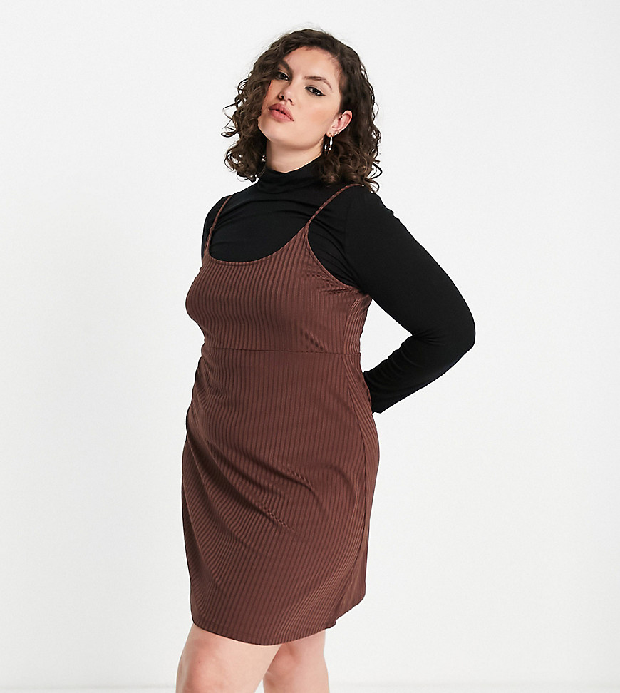ASOS DESIGN Curve 2 in 1 mini long sleeve dress with roll neck and slip in brown and black