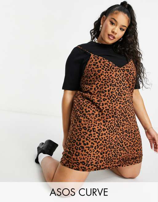 ASOS DESIGN Curve 2-in-1 mini short-sleeved dress with slip in leopard print
