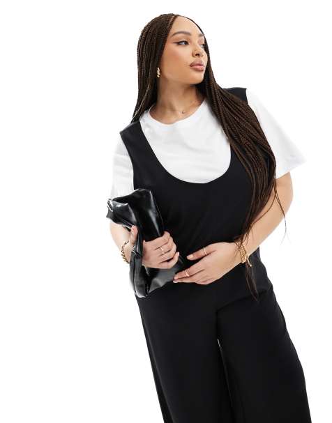 ASOS DESIGN Curve 2 in 1 pinny jumpsuit with wide leg in black - view 1
