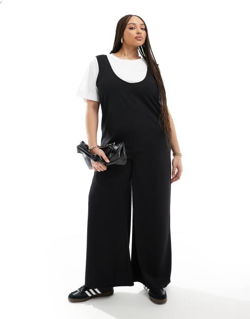 ASOS DESIGN Curve in pinny jumpsuit with wide leg in black ASOS