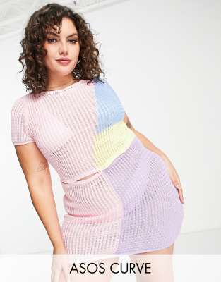 ASOS DESIGN Curve - 2-in-1 strandjurk van katoen met knoopjes en kleurvlakken, deel van co-ord set