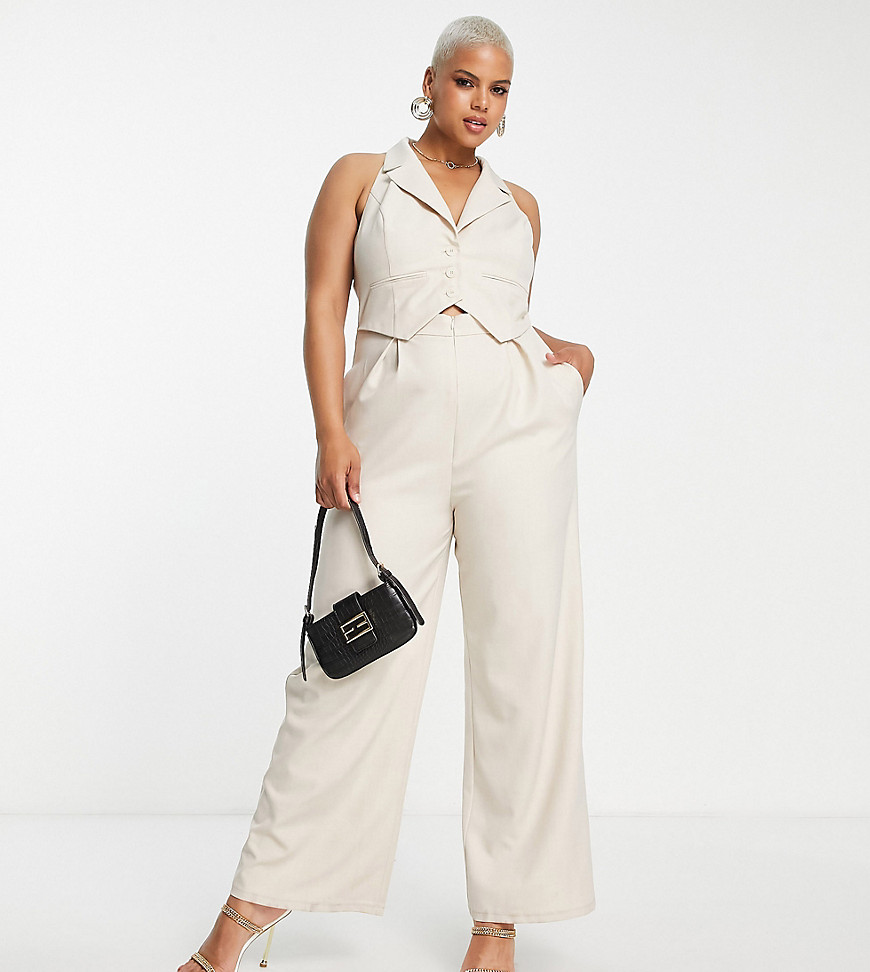 ASOS DESIGN Curve 2-in-1 suit sleeveless jumpsuit with flare leg in stone-Neutral