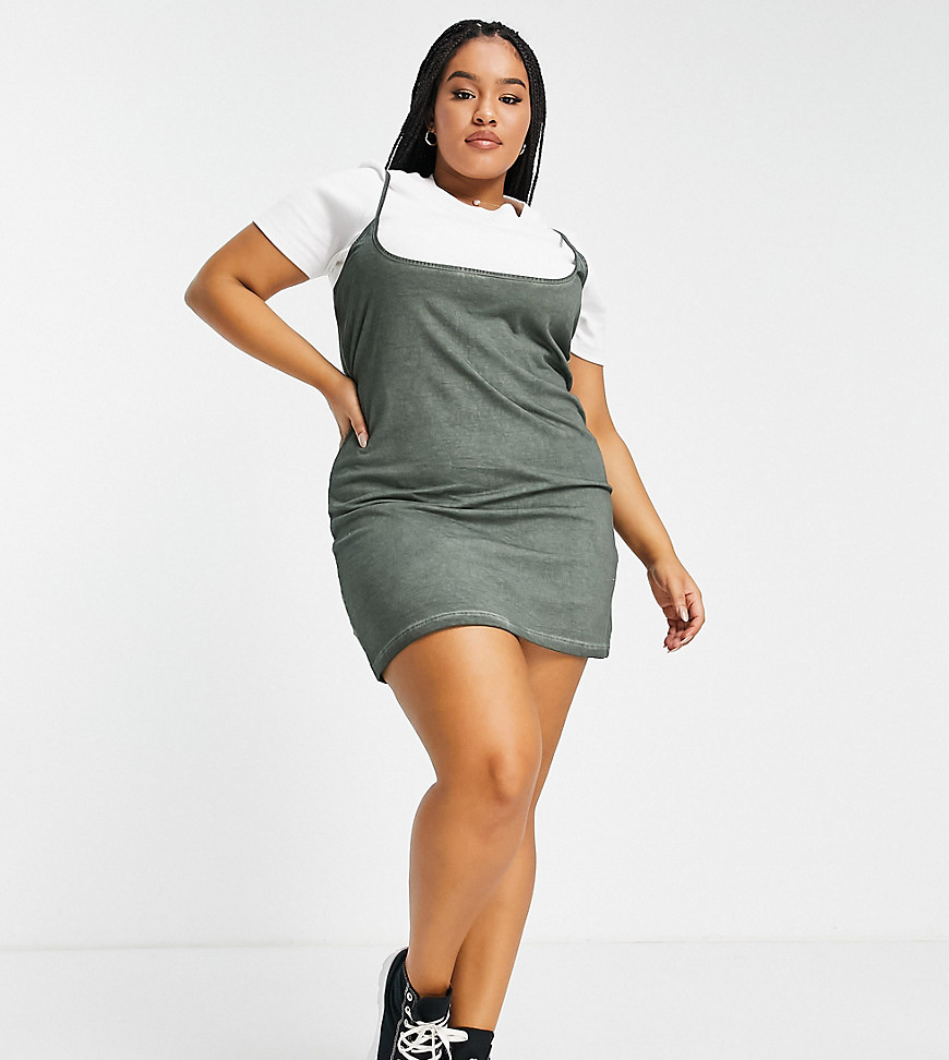 ASOS DESIGN Curve 2 in 1 t-shirt mini dress with extreme neckline in khaki and white-Green