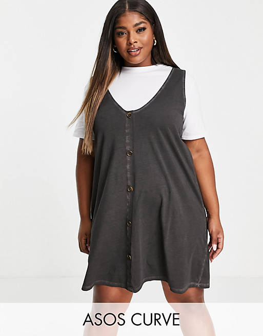 ASOS DESIGN Curve 2 in 1 t-shirt mini dress with horn buttons in grey acid wash