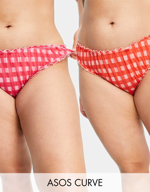 ASOS DESIGN Curve 2 mesh frill knicker pack in gingham print in pink and red