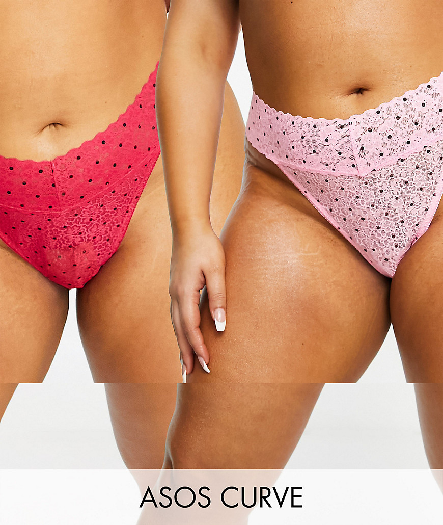 ASOS DESIGN Curve 2 pack deep lace thong in pink & red-Multi