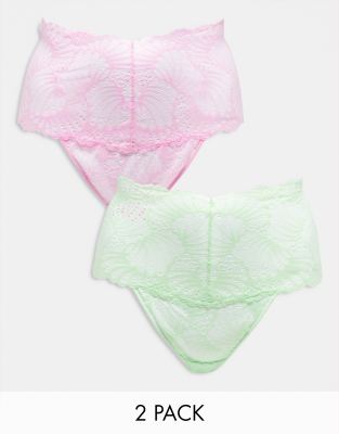 ASOS DESIGN Curve 2 pack deep waist lace thong pack in bubble gum & pistachio