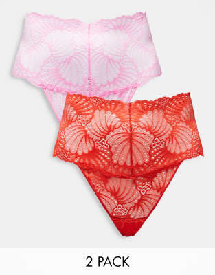 ASOS DESIGN Curve 2 pack deep waist lace thong pack in red & pink