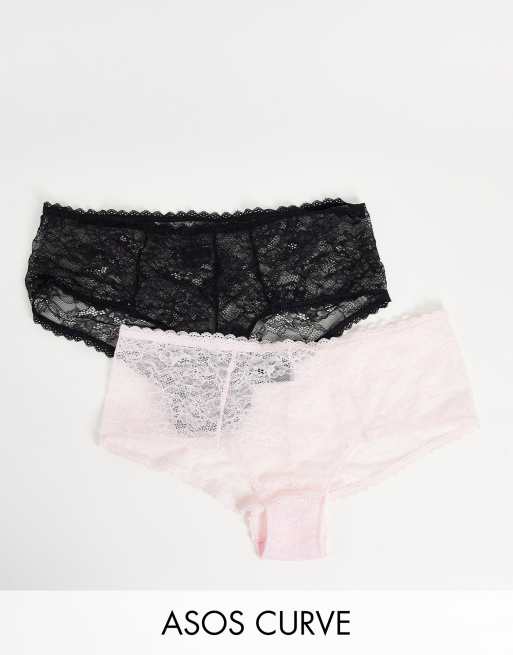 ASOS DESIGN Curve 2 pack lace high-waist briefs in black & pink