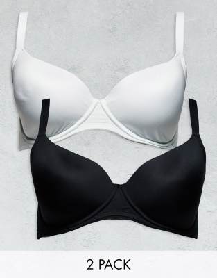 ASOS DESIGN Curve 2 pack microfibre moulded t-shirt bra in black & white-Multi