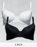 [ASOS Curve] ASOS DESIGN Curve 2 pack microfibre moulded t-shirt bra in black & white-Multi 44F Black & White