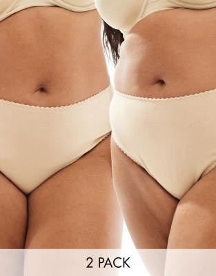 ASOS DESIGN Curve 2 pack Mila cotton brazilian briefs in beige-Neutral