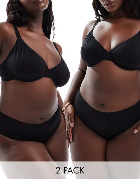 ASOS DESIGN Curve 2 pack Mila cotton brazillian brief in black - view 1