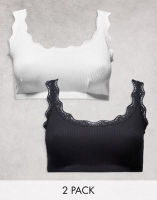 ASOS DESIGN Curve 2 pack rib and lace crop bralette in black & white