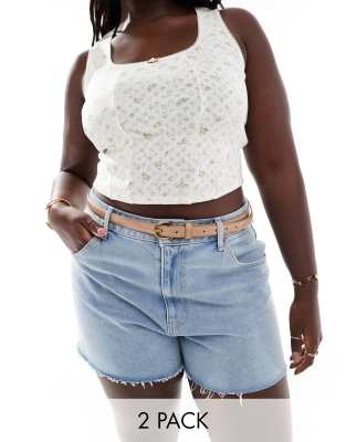 ASOS DESIGN CURVE 2-pack skinny waist and hip jeans belts in tan and beige-Multi