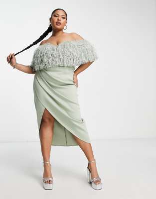 ASOS DESIGN Curve 2 piece off shoulder pencil wrap tuck faux feather midi  dress in sage