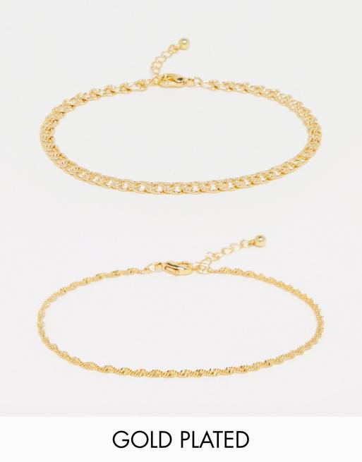 ASOS DESIGN Curve – 2er-Pack Fußkettchen mit 14-Karat-Vergoldung in verdrehter Optik und im Panzerkettendesign