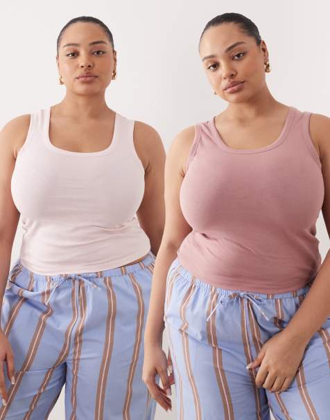 ASOS DESIGN Curve – 2er-Pack Pyjama-Trägertops in Nerzrosa und Rosa - view 1