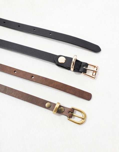 ASOS DESIGN Curve – 2er-Pack schmale Taillen- und Hüftgürtel in Schwarz und Hellbraun - view 1