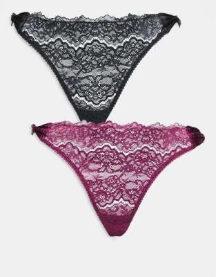 ASOS DESIGN Curve - 2er-Pack Tangas aus Spitze in Magenta und Schwarz mit Schleifendetails-Bunt
