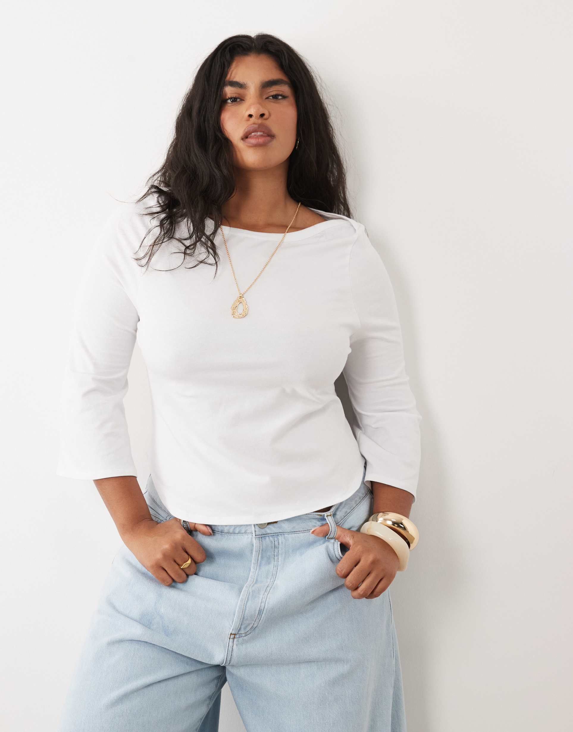 asos design curve 3/4 sleeve with boat neck top in white