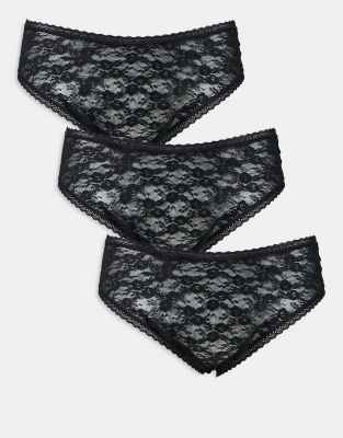 ASOS DESIGN Curve 3 pack all over lace brazilian briefs in black