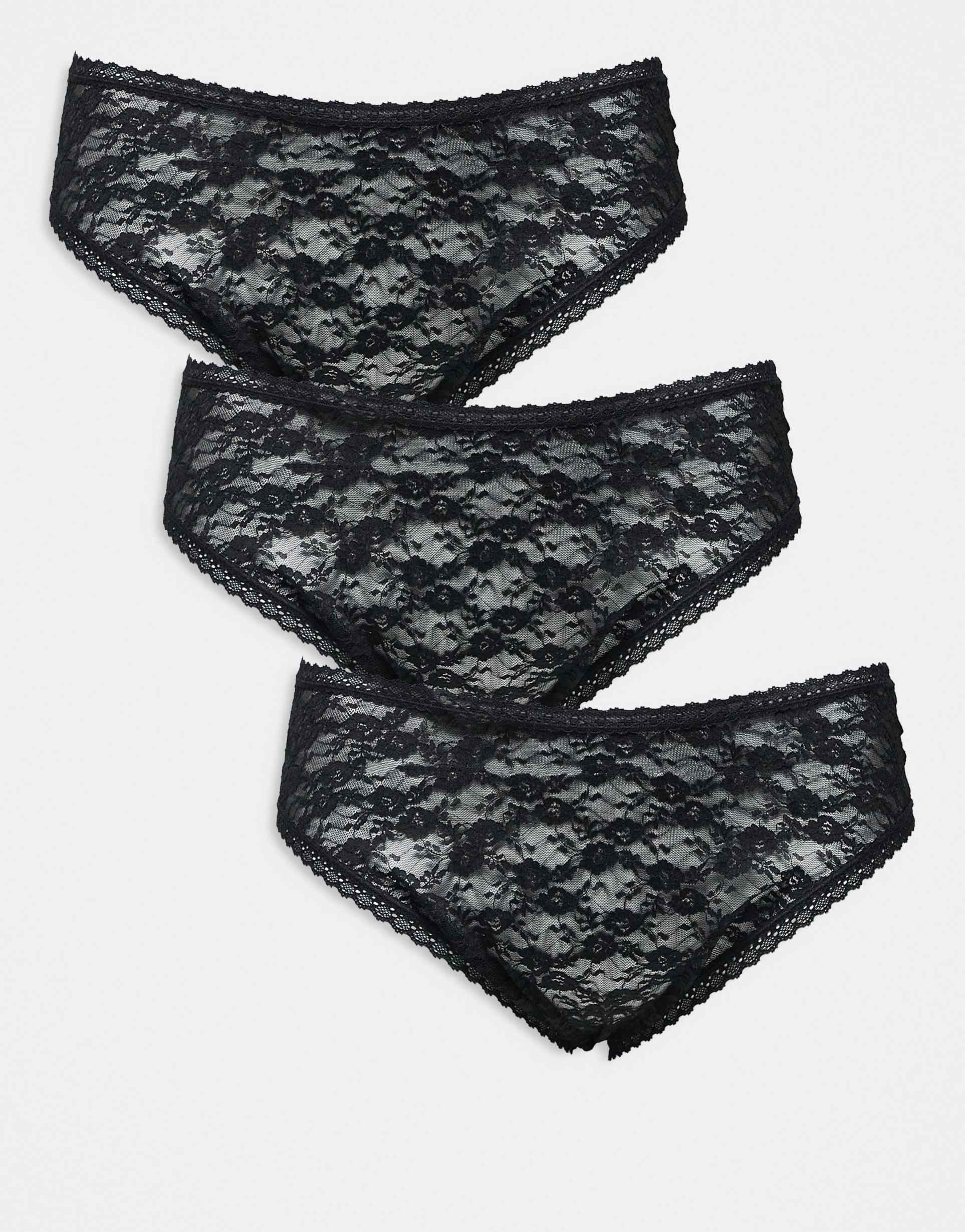 asos design curve 3 pack all over lace brazilian briefs in black