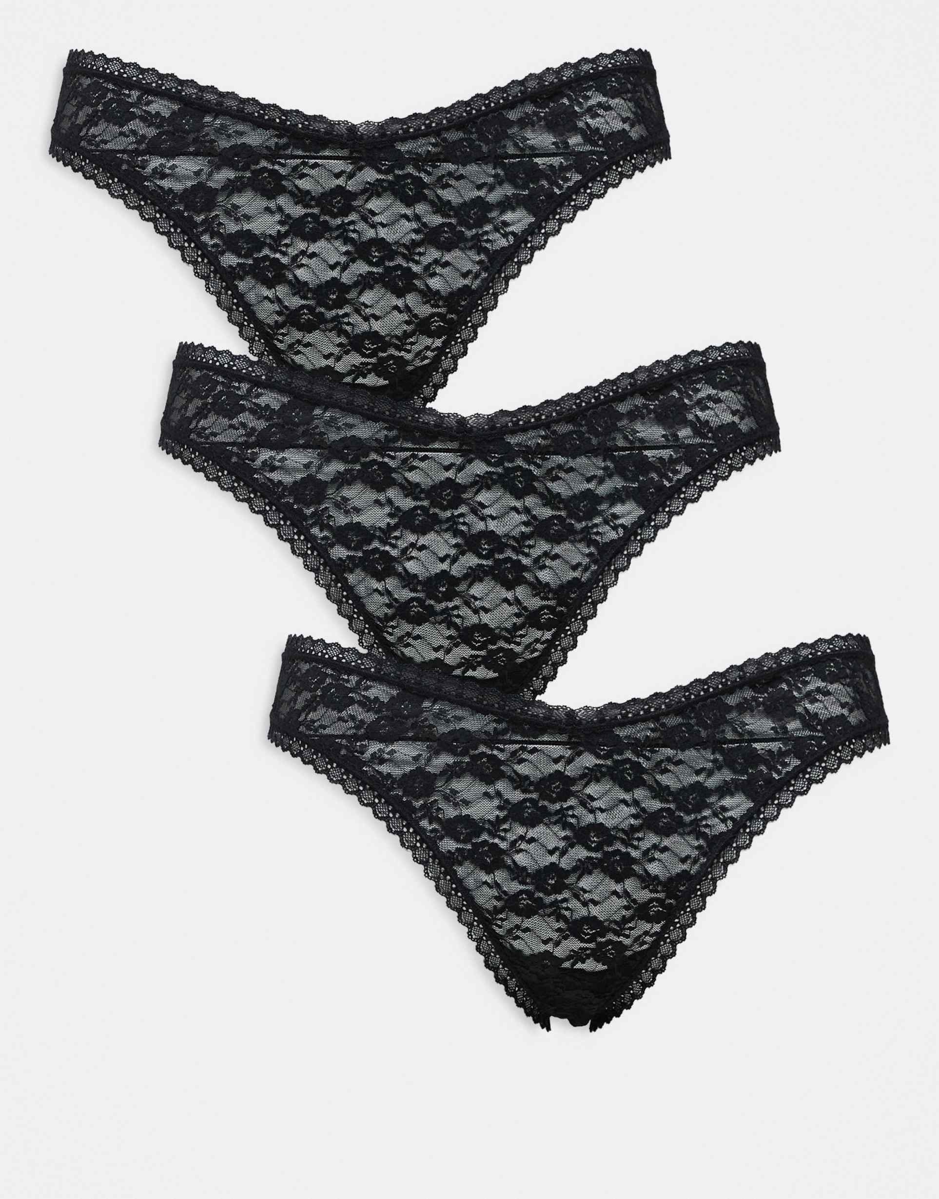 asos design curve 3 pack all over lace thong in black
