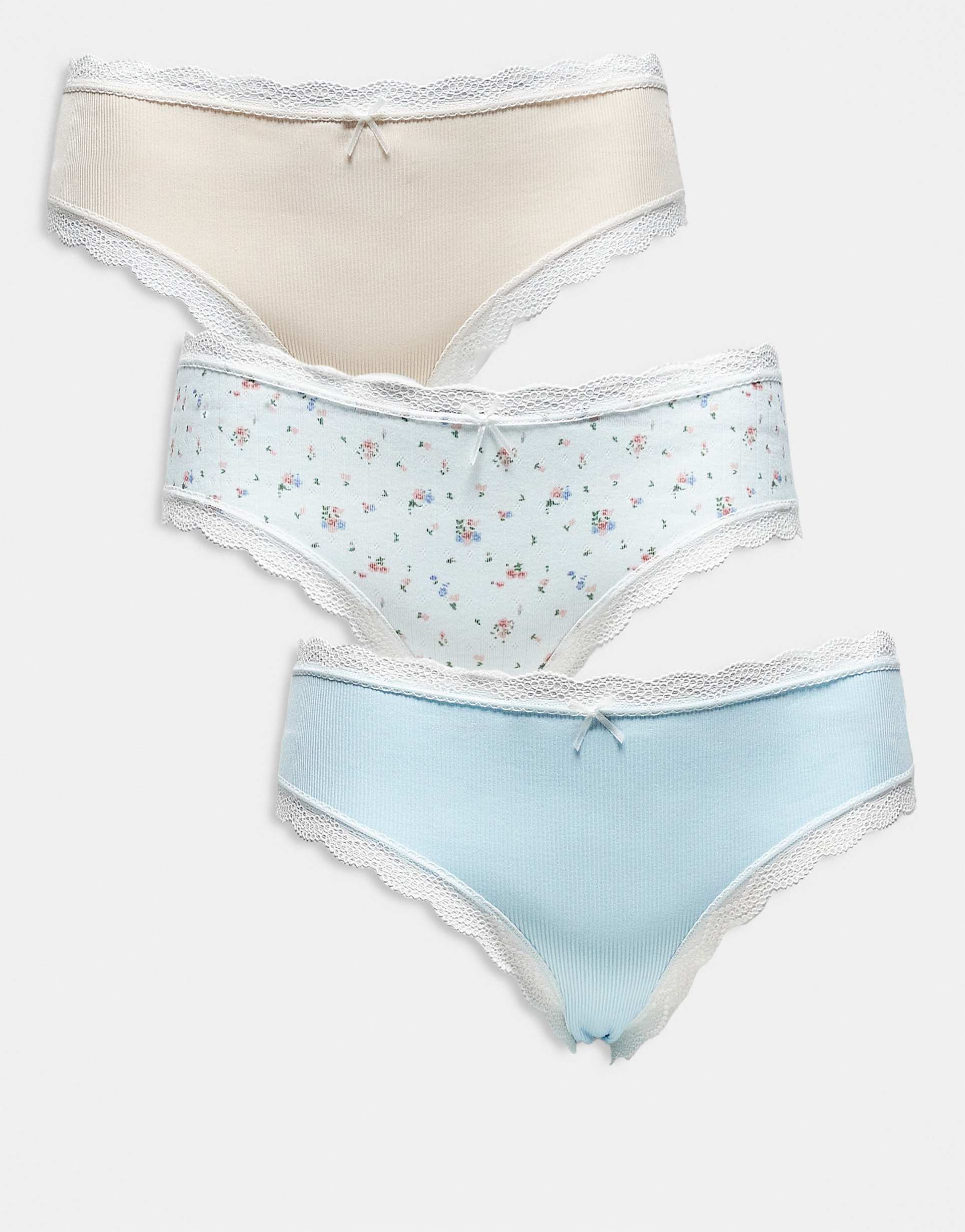 asos design curve 3 pack brazilian briefs with lace trim in floral print and rib knit cream & blue
