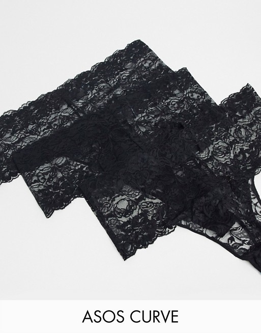 ASOS DESIGN Curve 3 pack deep lace thong in black