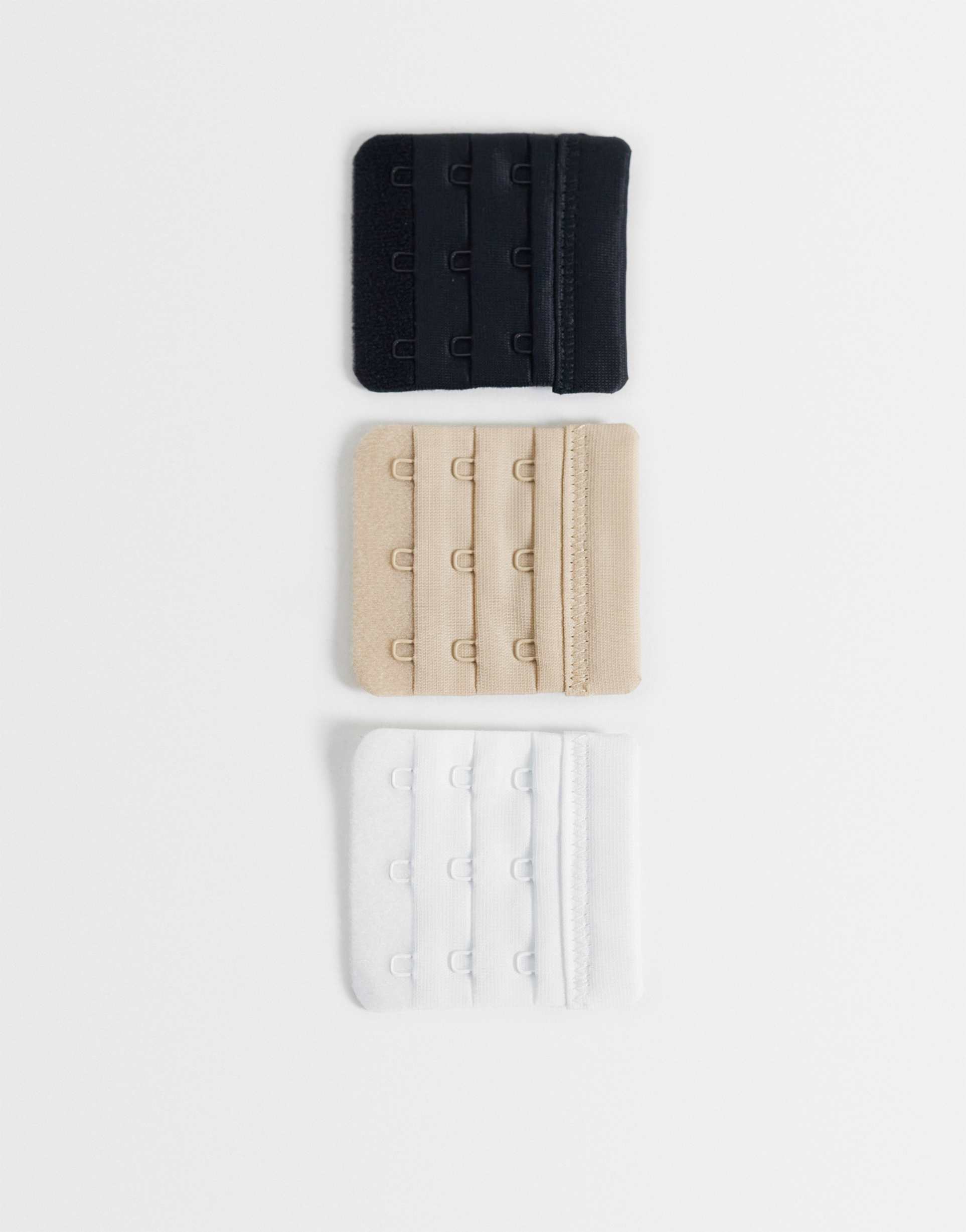 asos design curve 3 pack hook bra extenders in white, beige & black