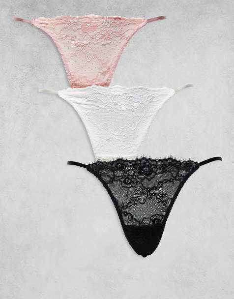 ASOS DESIGN Curve 3 pack lace tanga thong in black, white and dusty rose - view 1