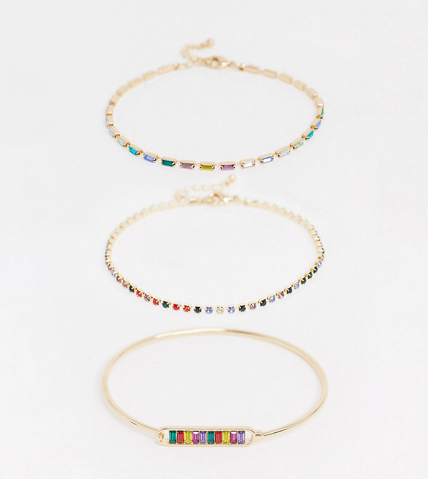 ASOS DESIGN Curve – 3-pack med gulfärgade armband med regnbågsfärgade stenar och kedjor-Guld