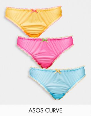 ASOS DESIGN Curve 3 pack mesh contrast frill scrunch thong in multi brights - ASOS Price Checker