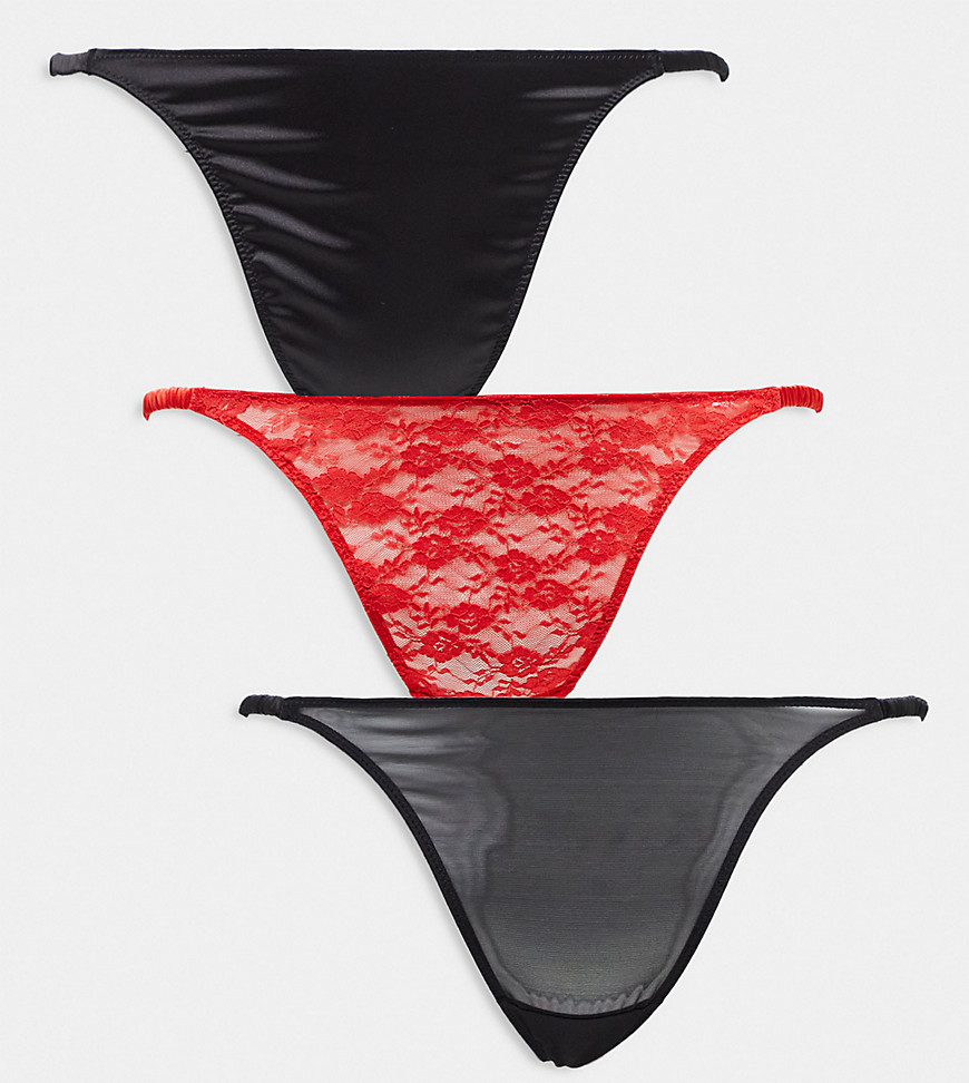 ASOS DESIGN Curve 3 pack mesh, satin, lace tanga thong in white, red & black-Multi