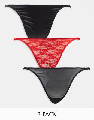 ASOS DESIGN Curve 3 pack mesh, satin, lace tanga thong in white, red &  black