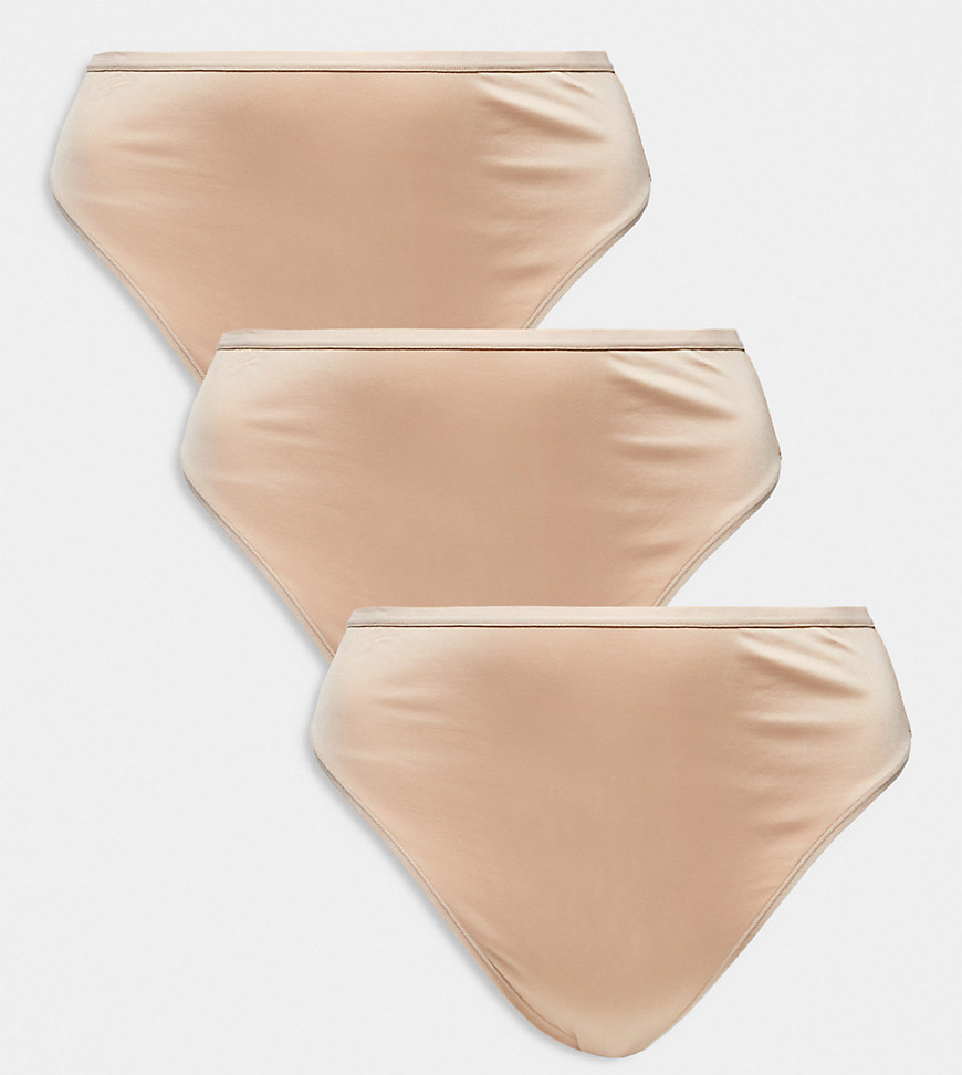 ASOS DESIGN Curve 3 pack microfibre high waist thong in beige-Neutral