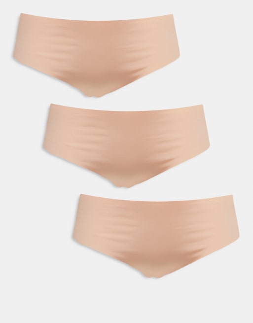 ASOS DESIGN Curve 3 pack no vpl and lace brazilian brief in beige