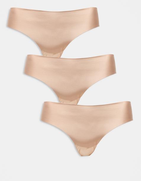 ASOS DESIGN Curve 3 pack no VPL and lace lingerie thong in beige - view 1