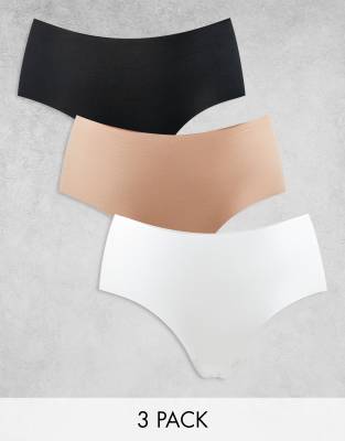 Asos Design Curve 3 Pack No Vpl Hipster Short Brief In Black, White & Beige-Multi