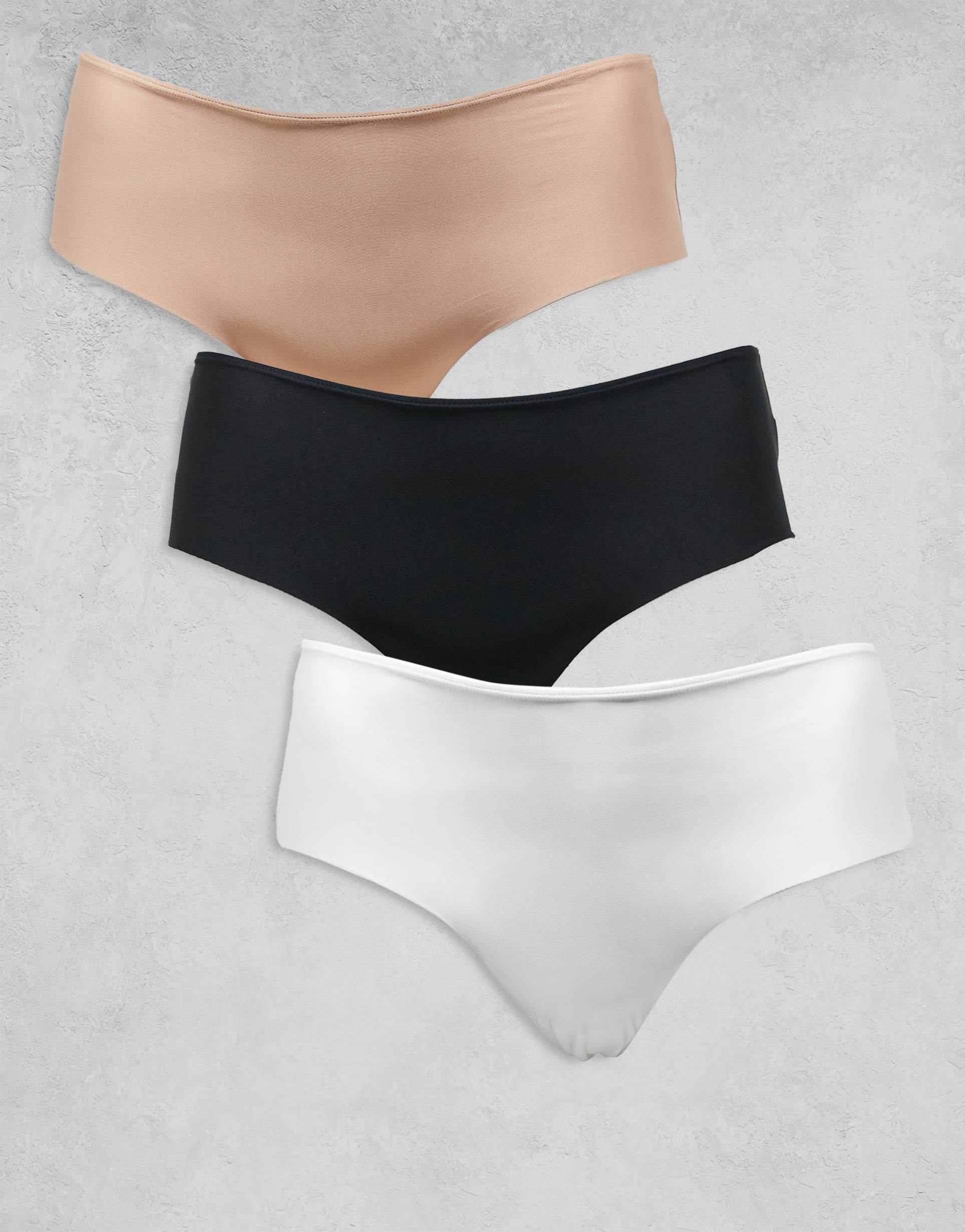 asos design curve 3-pack no vpl hipster shorts in black, white & beige