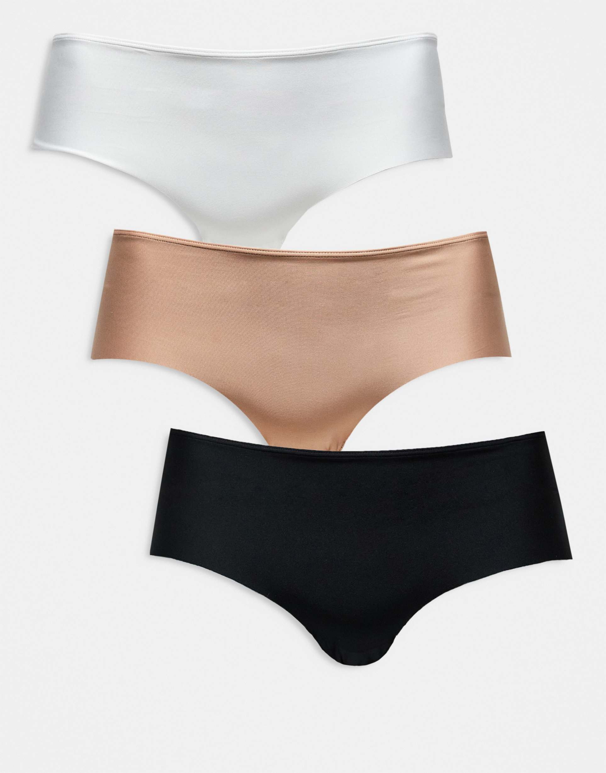 asos design curve 3-pack no vpl hipster shorts in black, white & beige