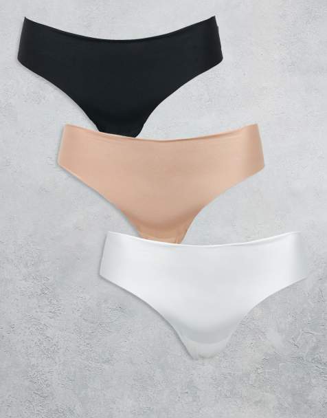 ASOS DESIGN Curve 3 pack no vpl lace lingerie thongs in black, white & beige - view 1