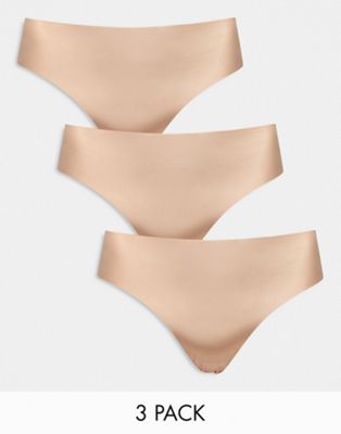 Asos Design Curve 3 Pack No Vpl & Lace Thong In Beige-neutral