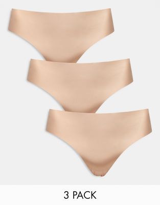 Asos Design Curve 3 Pack No Vpl & Lace Thong In Neutral
