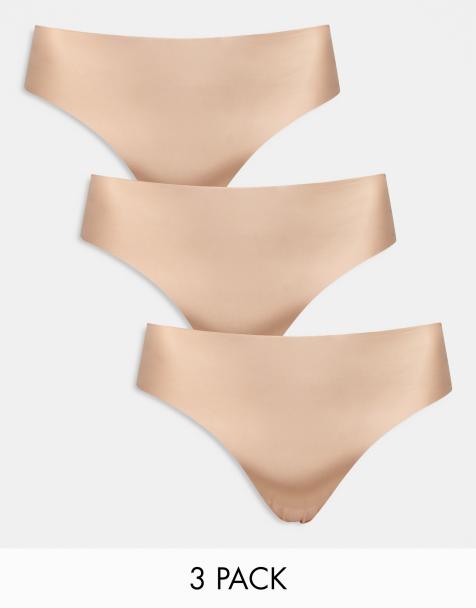 ASOS DESIGN Curve 3 pack no VPL & lace thong in beige - view 1