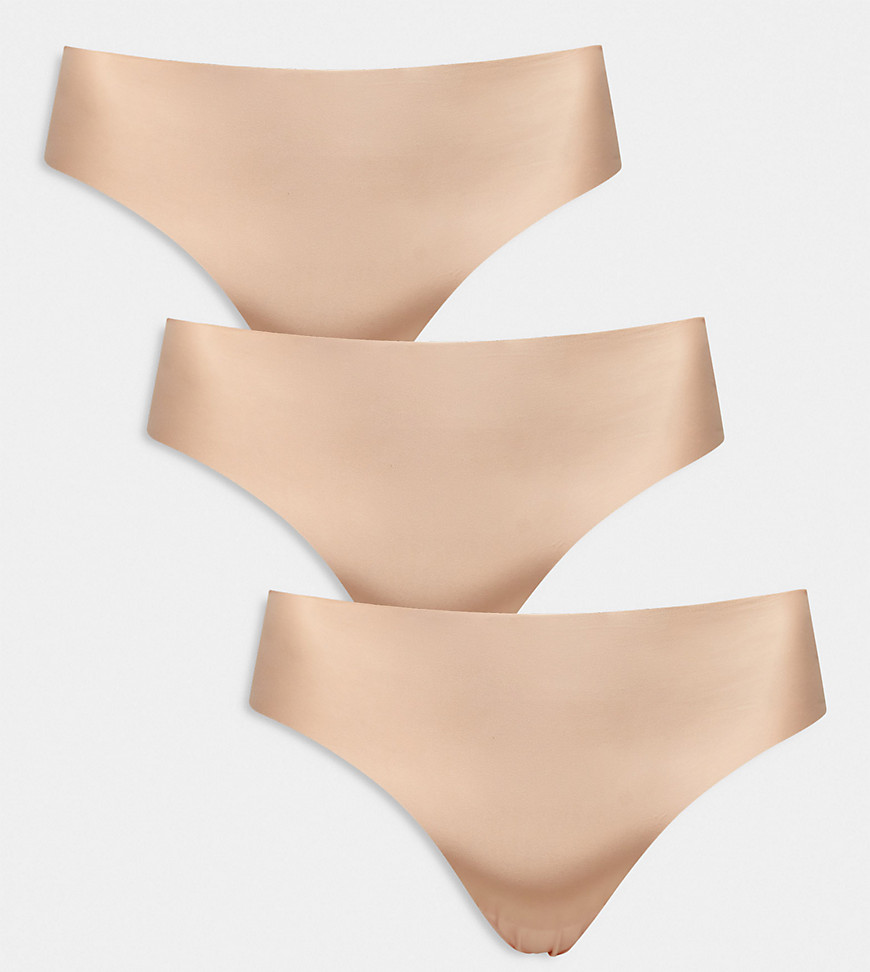 ASOS DESIGN Curve 3 pack no VPL & lace thong in beige-Neutral