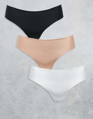 ASOS DESIGN Curve 3 pack no vpl lace thong in black, white & beige-Multi