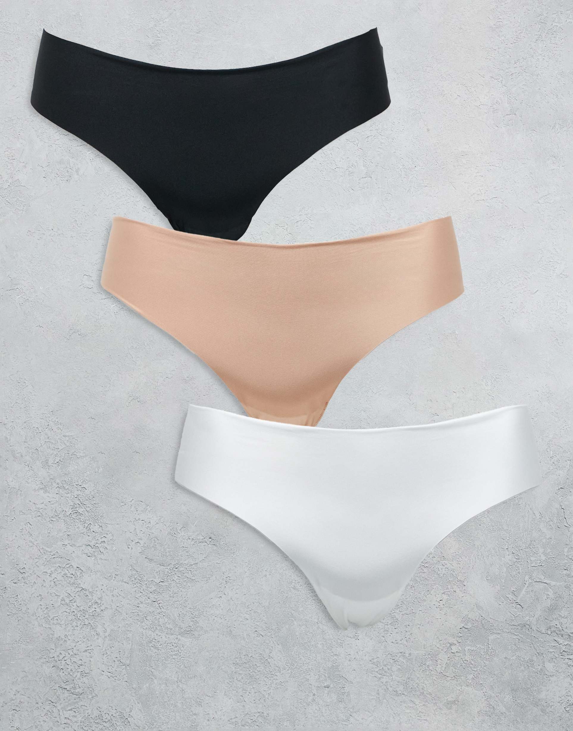 asos design curve 3 pack no vpl & lace thong in black, white & beige