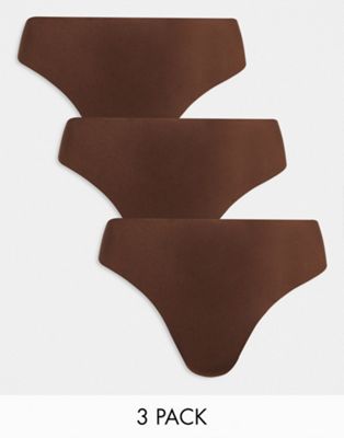 ASOS DESIGN Curve 3 pack no VPL & lace thong in brown